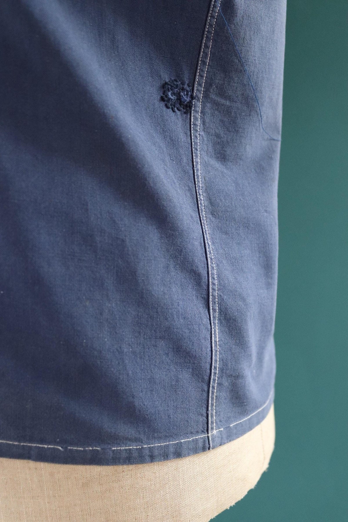 Vintage 1940s French workwear shirt - faded blue chambray cotton - darned and repaired - 44” chest