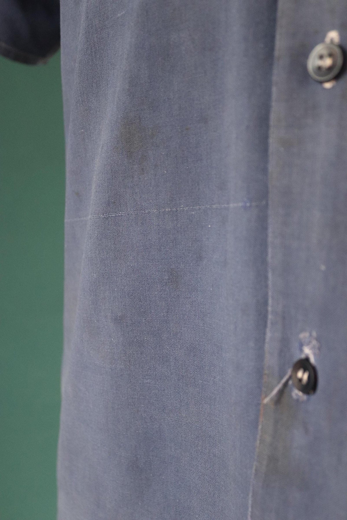 Vintage 1940s French workwear shirt - faded blue chambray cotton - darned and repaired - 44” chest