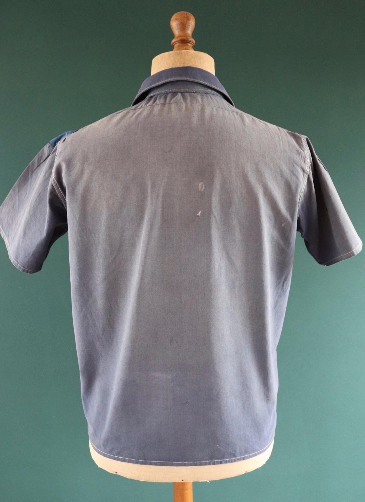 Vintage 1940s French workwear shirt - faded blue chambray cotton - darned and repaired - 44” chest