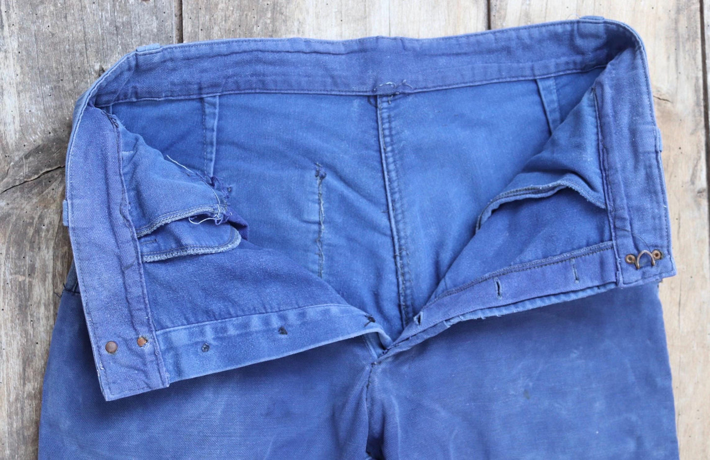 Vintage 1950s French workwear trousers - blue moleskin chore pants - 30” x 25”