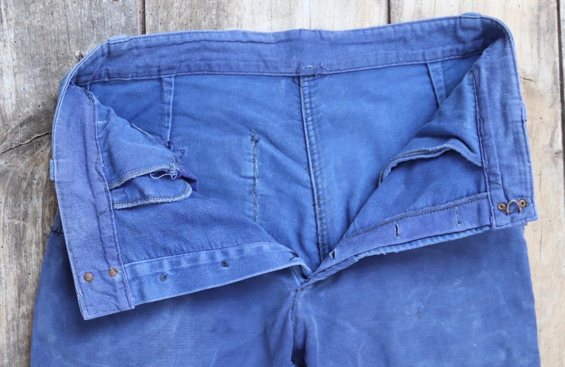 Vintage 1950s French workwear trousers - blue moleskin chore pants - 30” x 25”