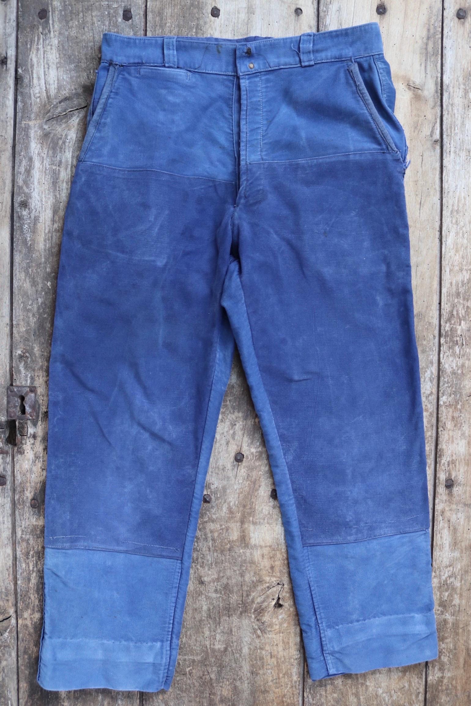 Vintage 1950s French workwear trousers - blue moleskin chore pants - 30” x 25”