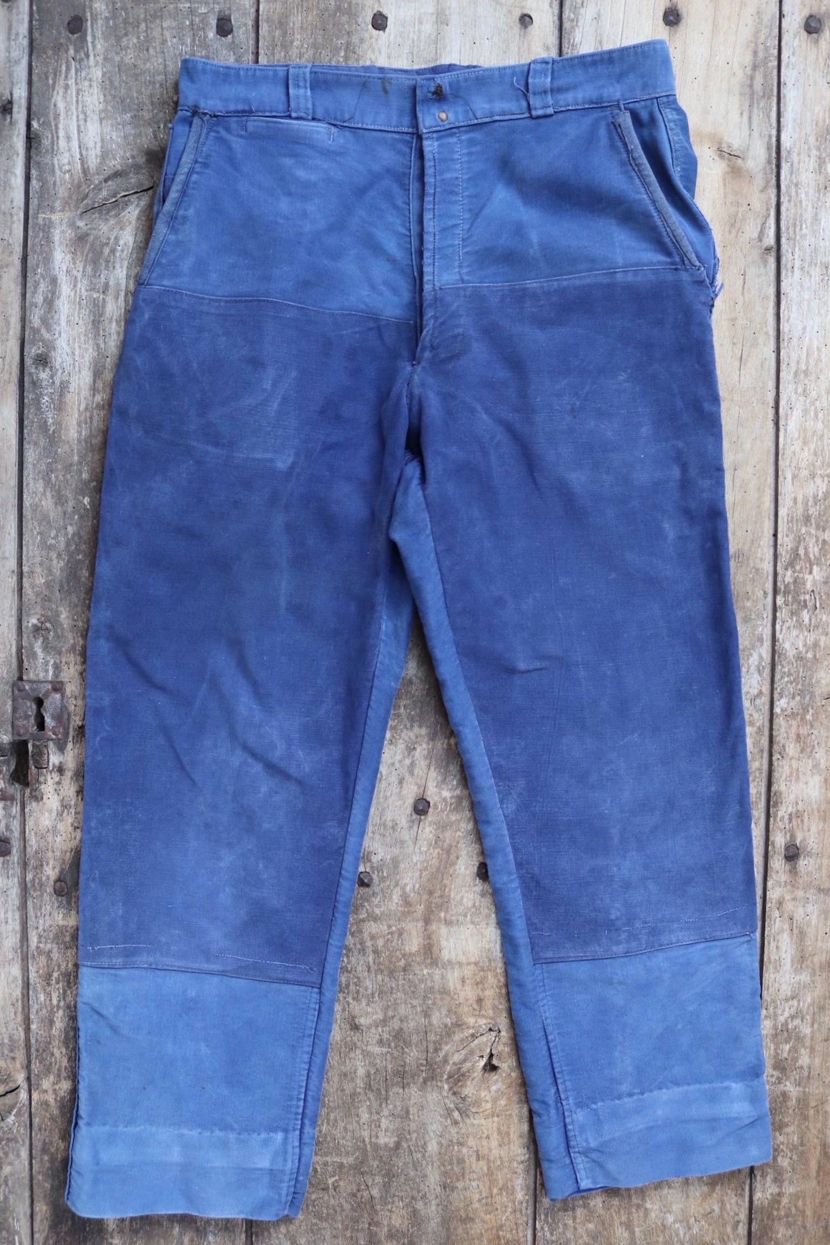 Vintage 1950s French workwear trousers - blue moleskin chore pants - 30” x 25”