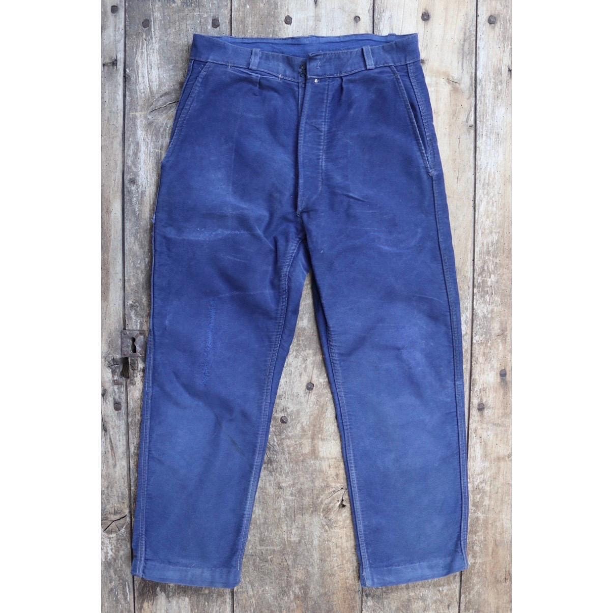 Vintage 1960s French workwear trousers - blue moleskin chore pants - 31” x 26”