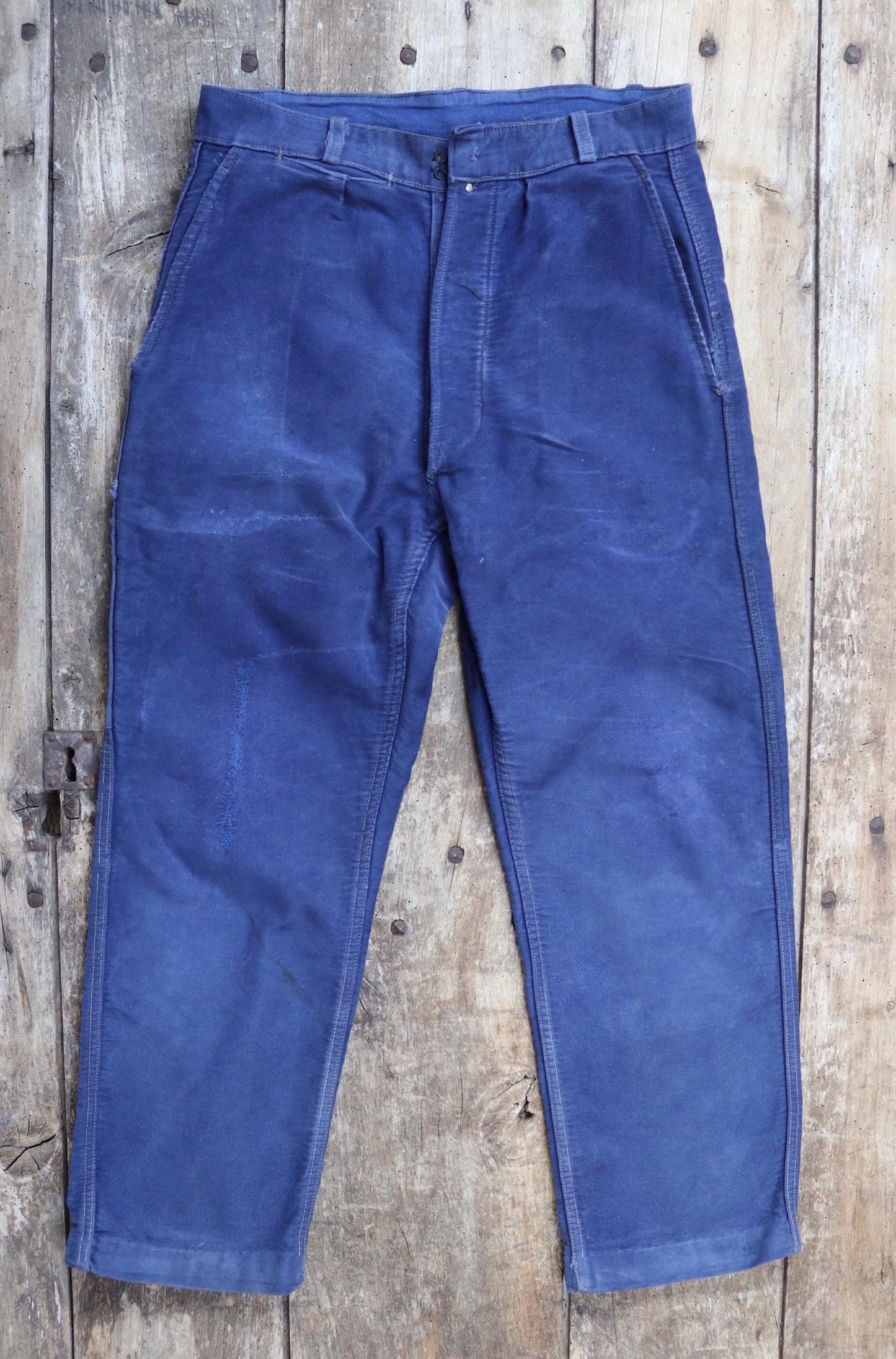 Vintage 1960s French workwear trousers - blue moleskin chore pants - 31” x 26”