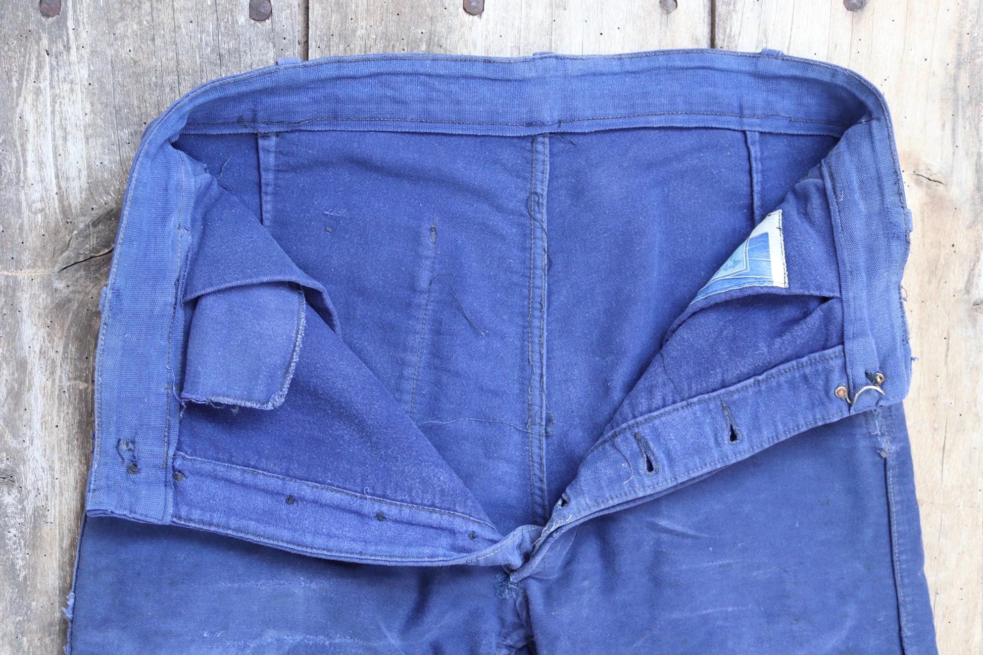 Vintage 1960s French workwear trousers - blue moleskin chore pants - 31” x 26”