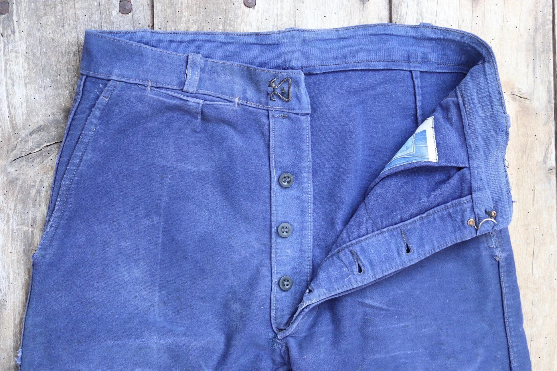 Vintage 1960s French workwear trousers - blue moleskin chore pants - 31” x 26”