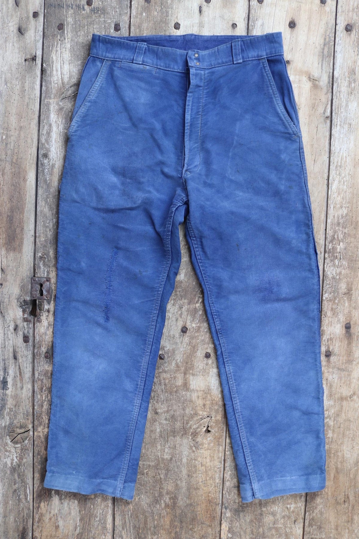 Vintage 1960s French workwear trousers - blue moleskin chore pants - 31” x 27”