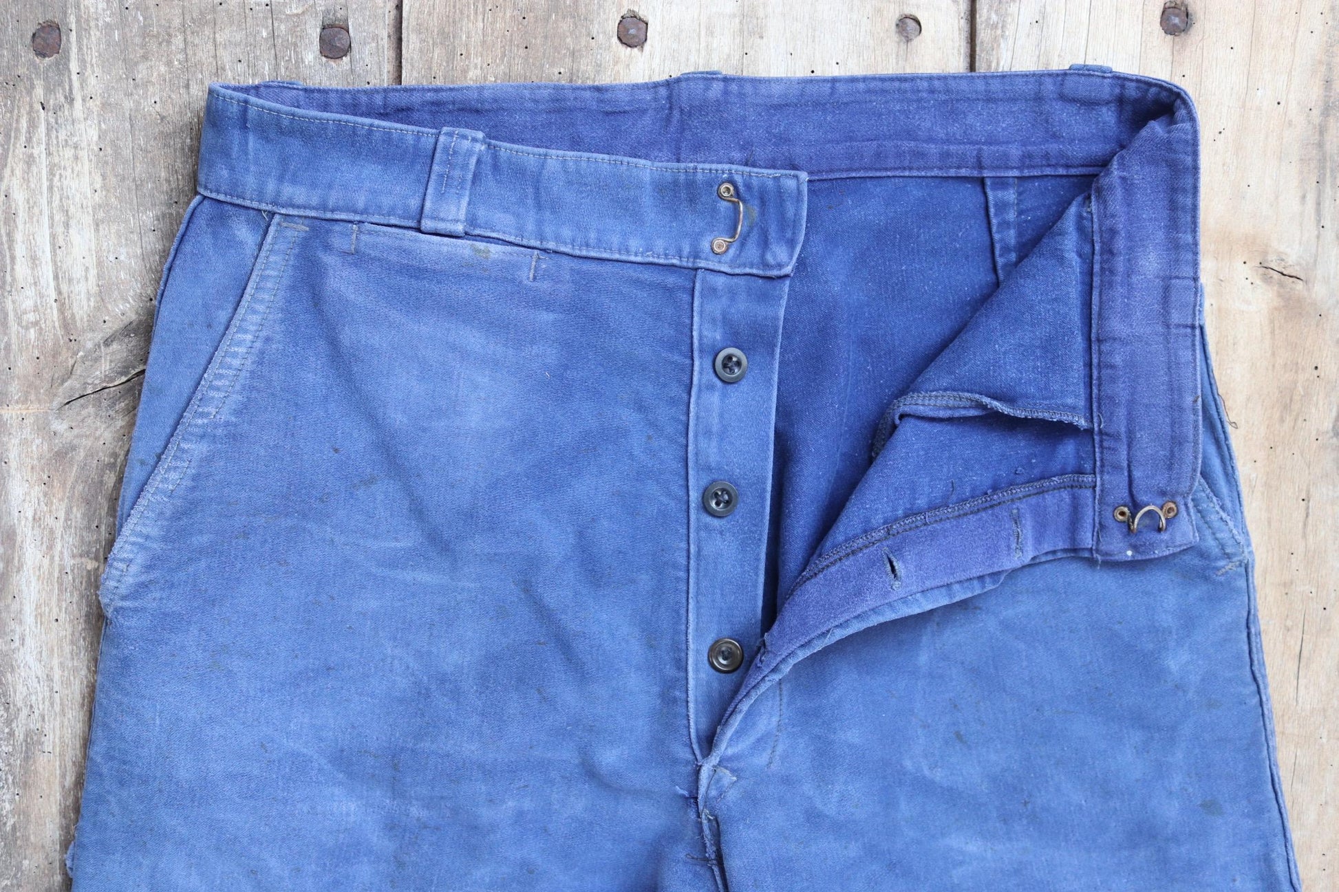 Vintage 1960s French workwear trousers - blue moleskin chore pants - 31” x 27”