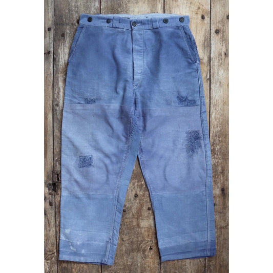 Vintage 1950s French workwear trousers - chore pants - blue moleskin - darned and repaired - 33” x 26”