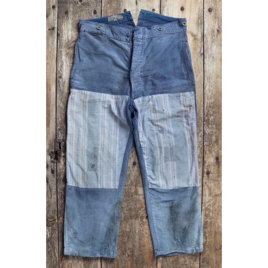 Vintage 1930s French workwear trousers - buckle back chore pants - blue moleskin - darned and repaired - 35” x 26”