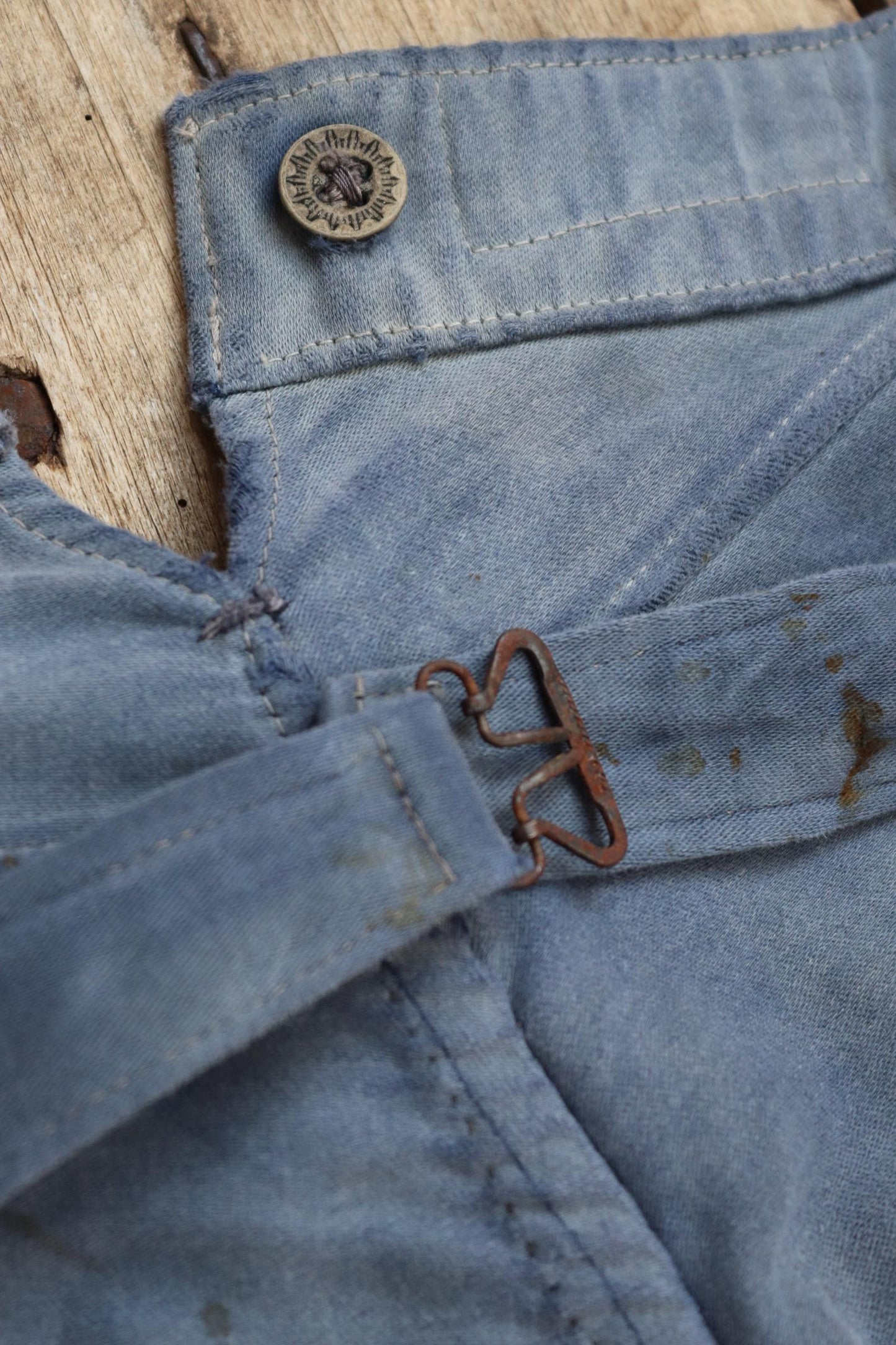 Vintage 1930s French workwear trousers - buckle back chore pants - blue moleskin - darned and repaired - 35” x 26”
