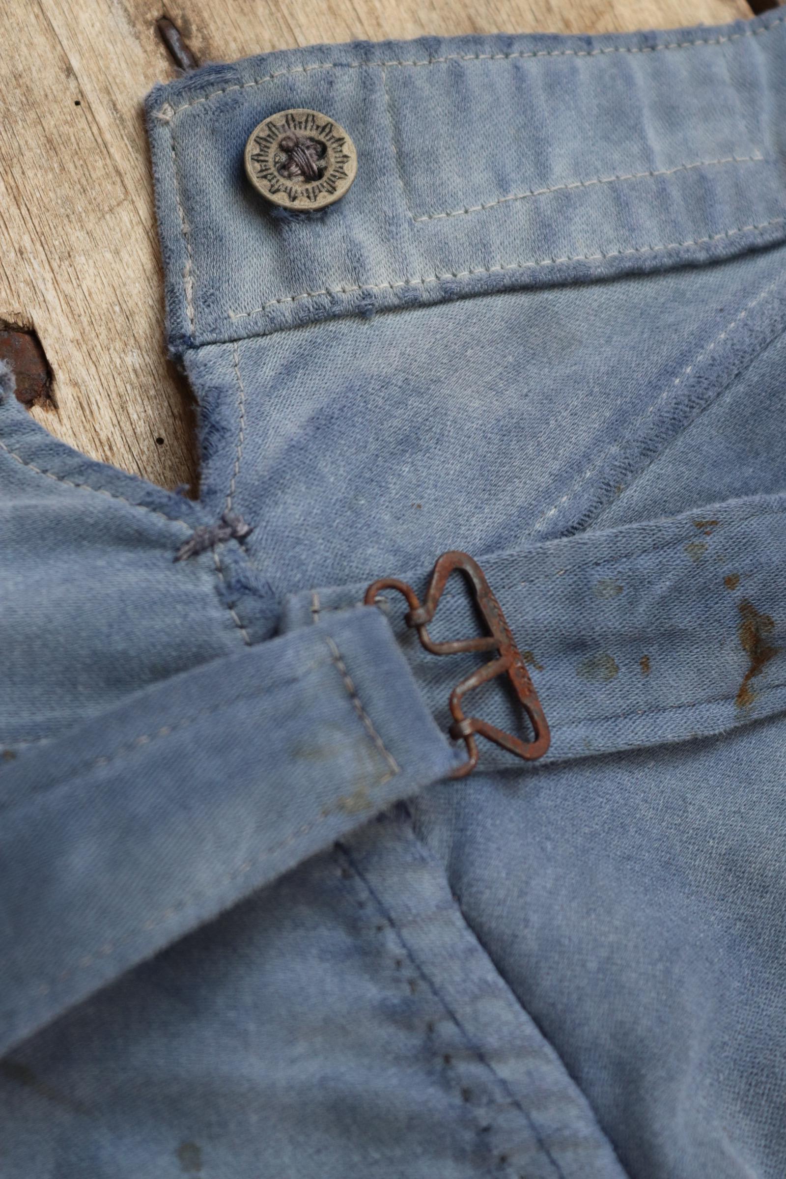 Vintage 1930s French workwear trousers - buckle back chore pants - blue moleskin - darned and repaired - 35” x 26”