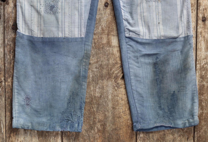 Vintage 1930s French workwear trousers - buckle back chore pants - blue moleskin - darned and repaired - 35” x 26”