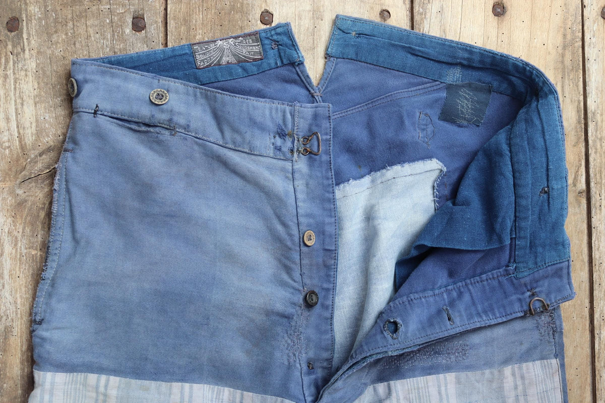 Vintage 1930s French workwear trousers - buckle back chore pants - blue moleskin - darned and repaired - 35” x 26”