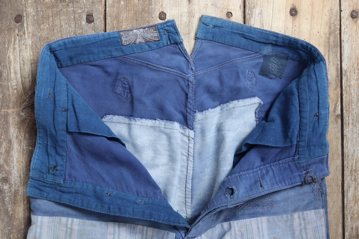 Vintage 1930s French workwear trousers - buckle back chore pants - blue moleskin - darned and repaired - 35” x 26”