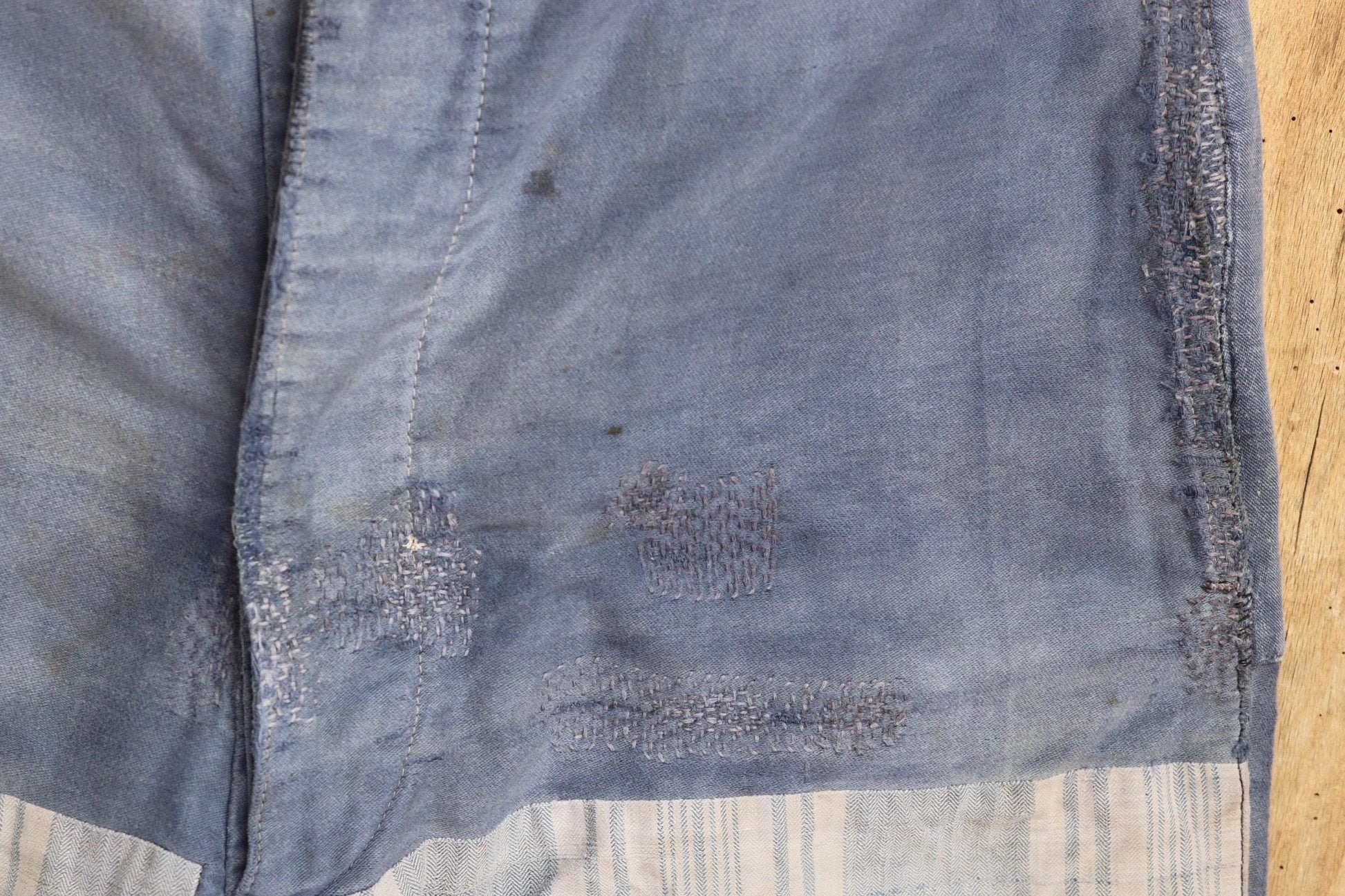 Vintage 1930s French workwear trousers - buckle back chore pants - blue moleskin - darned and repaired - 35” x 26”