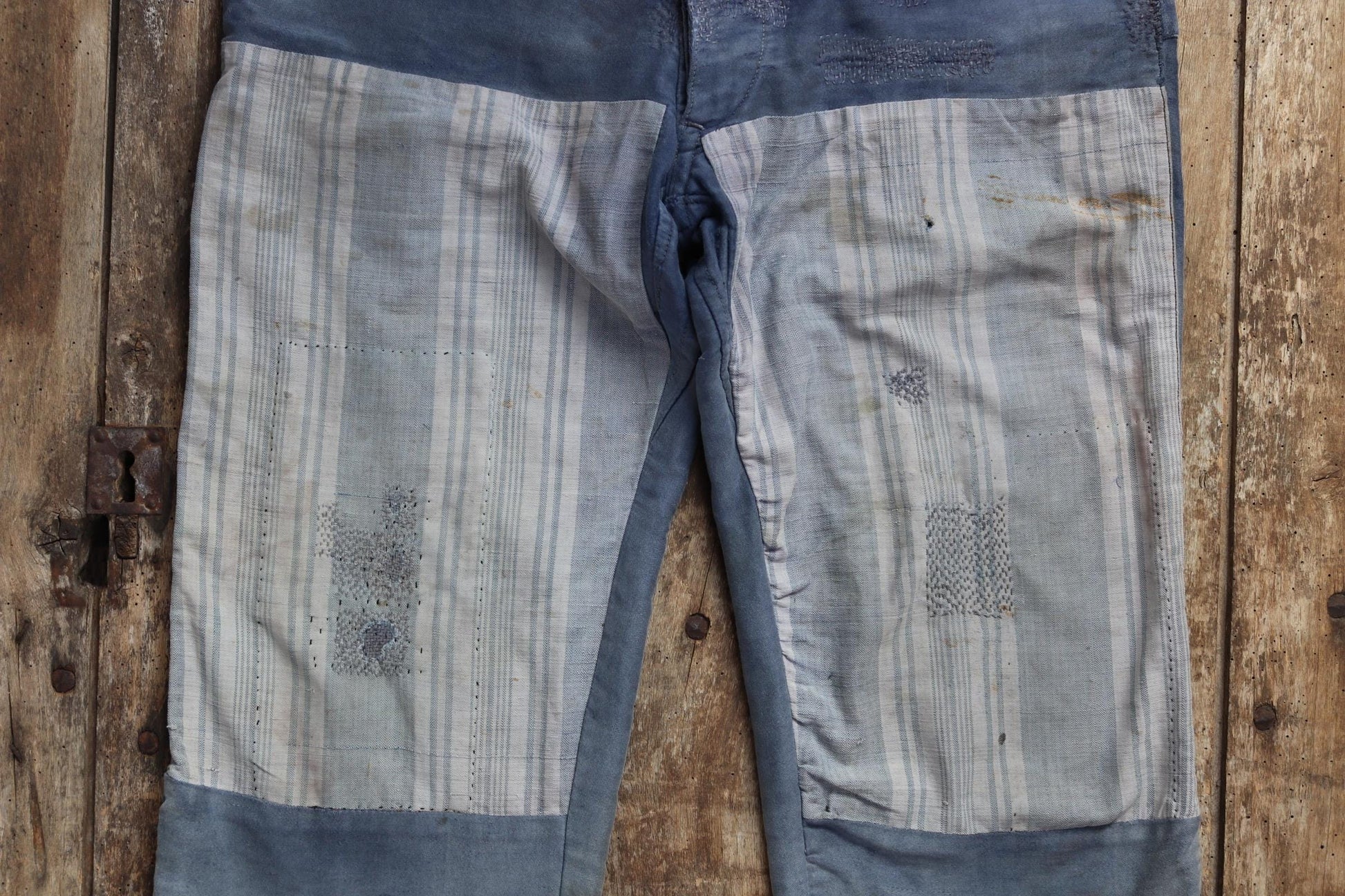 Vintage 1930s French workwear trousers - buckle back chore pants - blue moleskin - darned and repaired - 35” x 26”