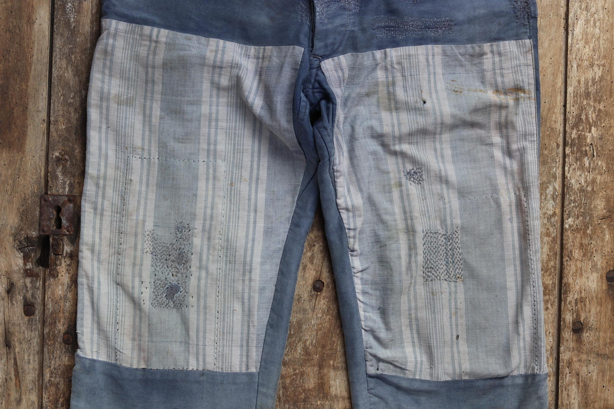 Vintage 1930s French workwear trousers - buckle back chore pants - blue moleskin - darned and repaired - 35” x 26”