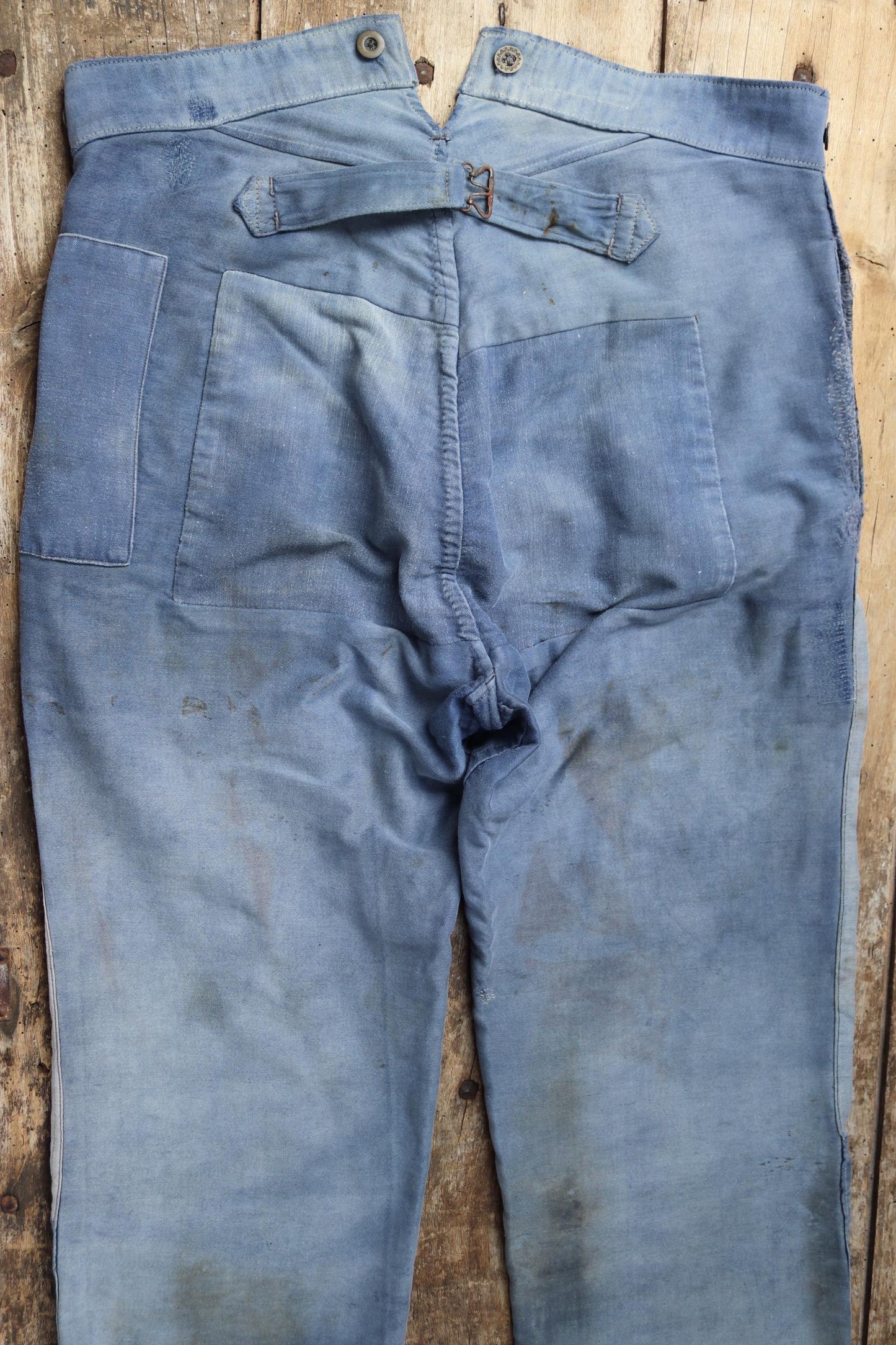 Vintage 1930s French workwear trousers - buckle back chore pants - blue moleskin - darned and repaired - 35” x 26”