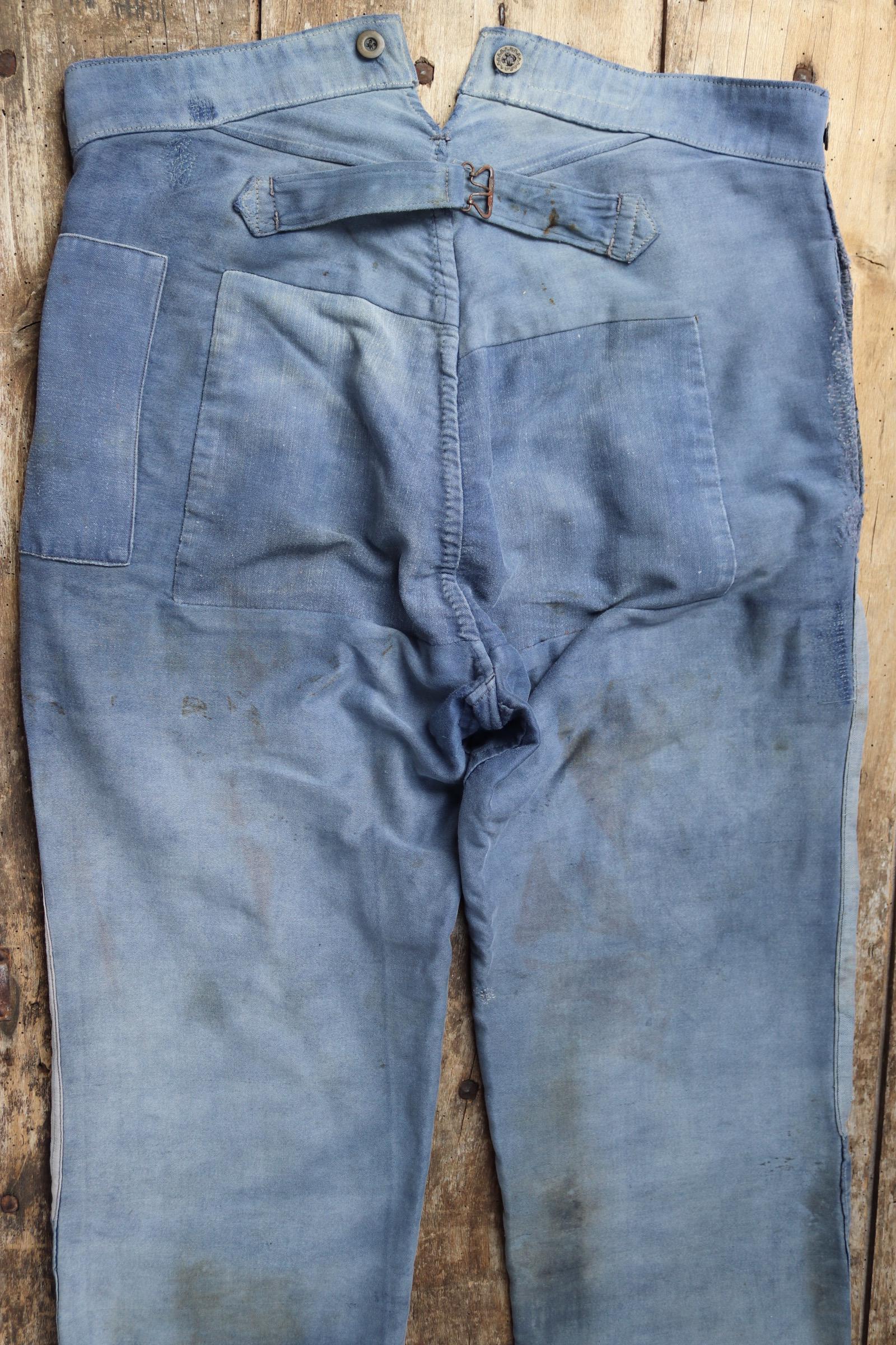 Vintage 1930s French workwear trousers - buckle back chore pants - blue moleskin - darned and repaired - 35” x 26”
