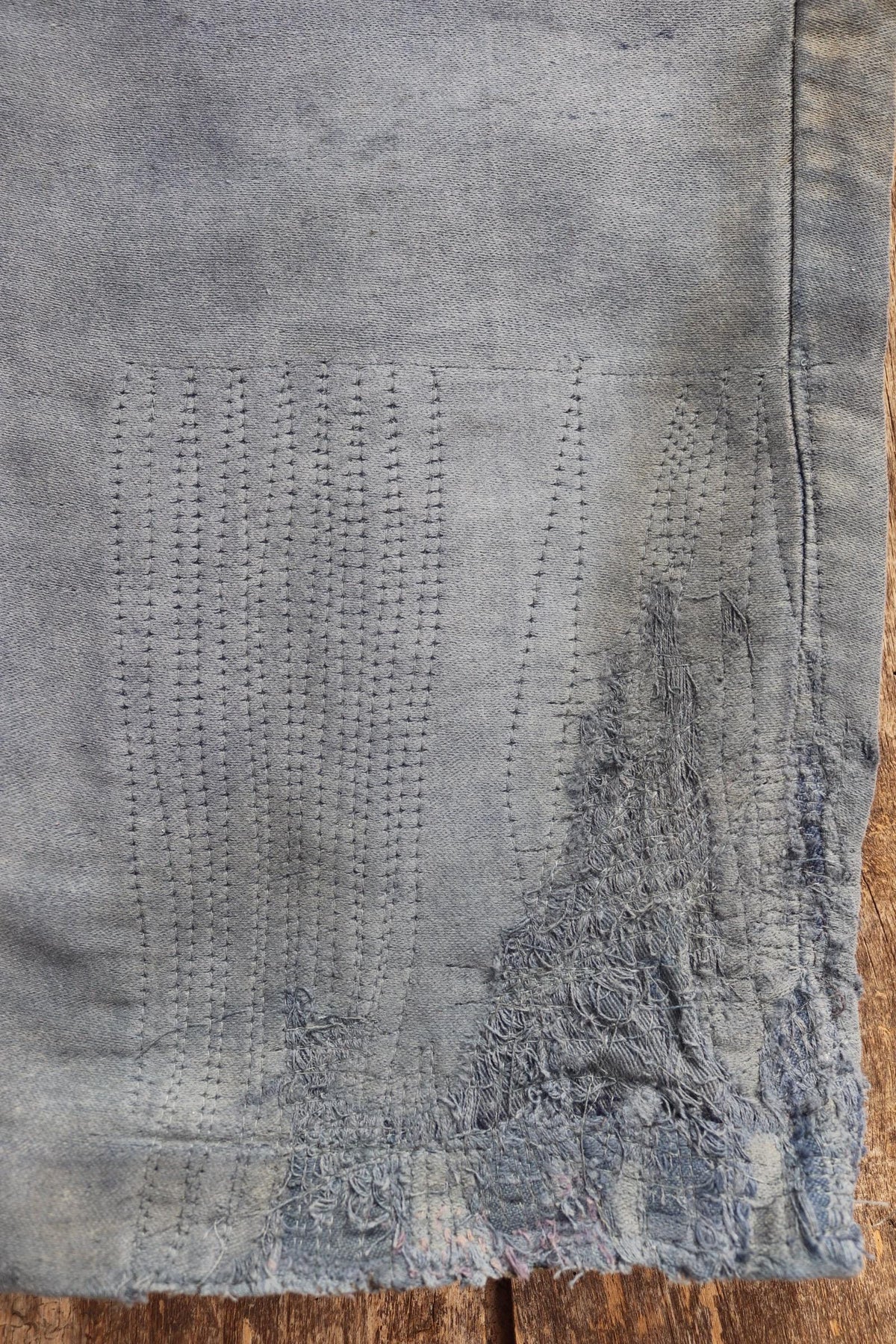 Vintage 1930s French workwear trousers - buckle back chore pants - blue moleskin - darned and repaired - 35” x 26”