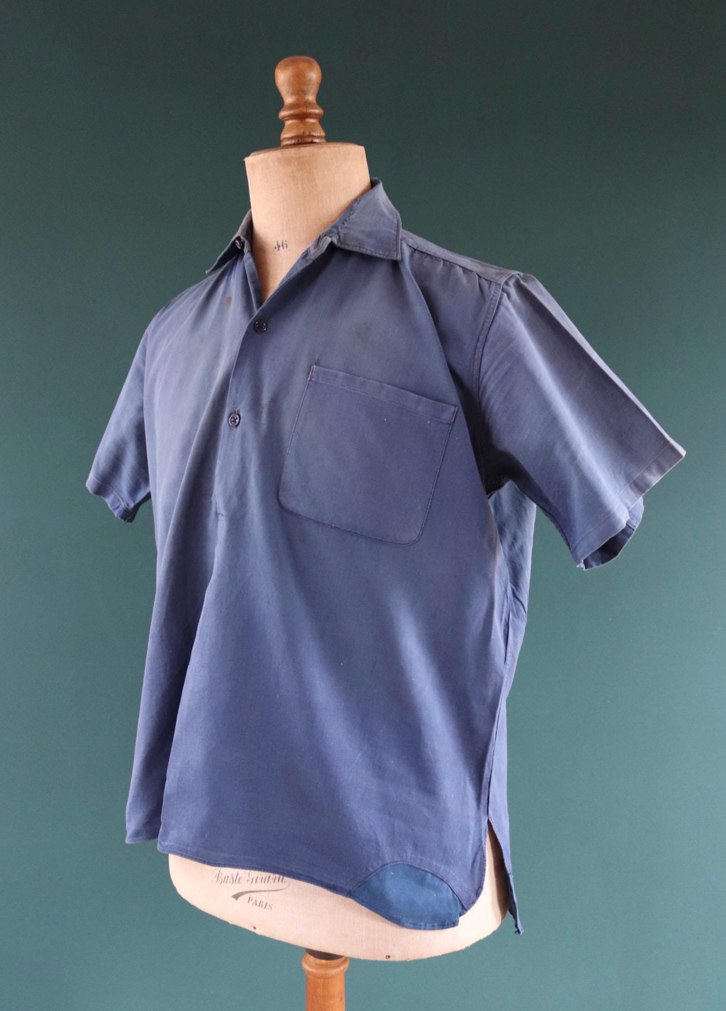Vintage 1940s French workwear shirt - faded blue chambray cotton - darned and repaired - 48” chest