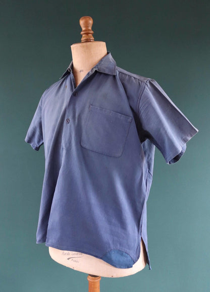 Vintage 1940s French workwear shirt - faded blue chambray cotton - darned and repaired - 48” chest