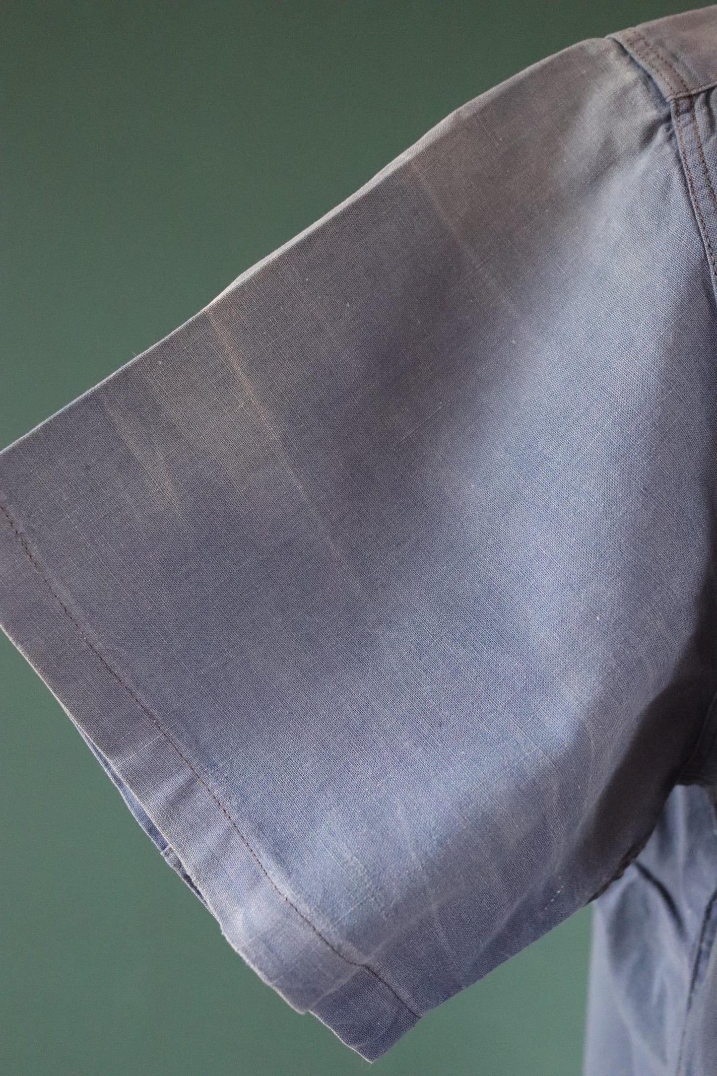 Vintage 1940s French workwear shirt - faded blue chambray cotton - darned and repaired - 48” chest