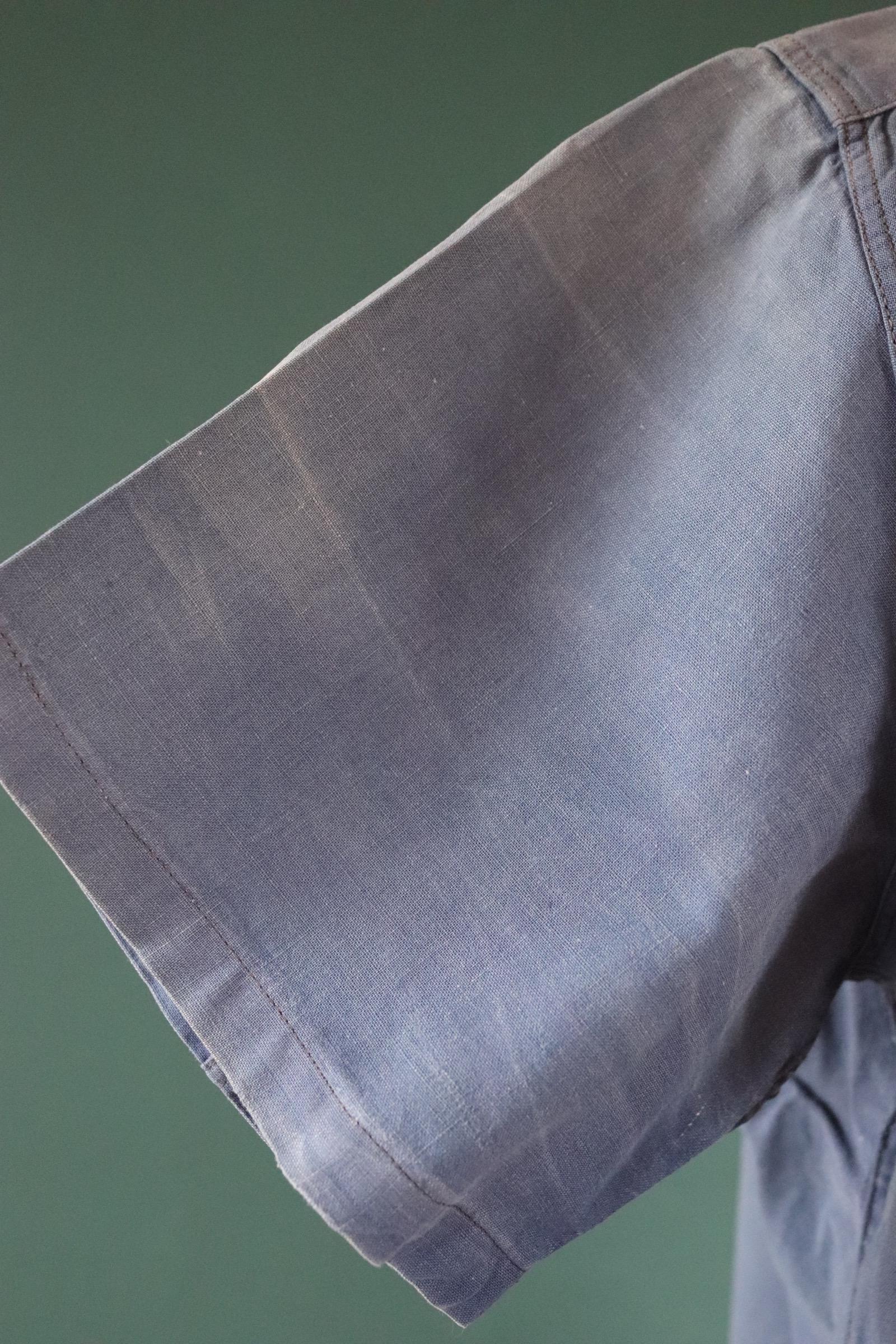 Vintage 1940s French workwear shirt - faded blue chambray cotton - darned and repaired - 48” chest