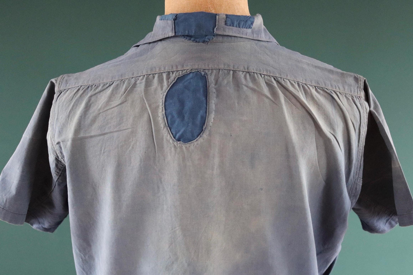 Vintage 1940s French workwear shirt - faded blue chambray cotton - darned and repaired - 48” chest