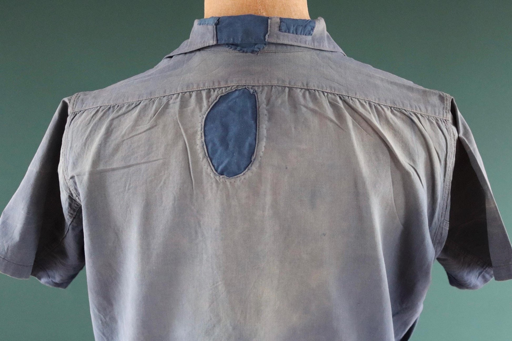 Vintage 1940s French workwear shirt - faded blue chambray cotton - darned and repaired - 48” chest