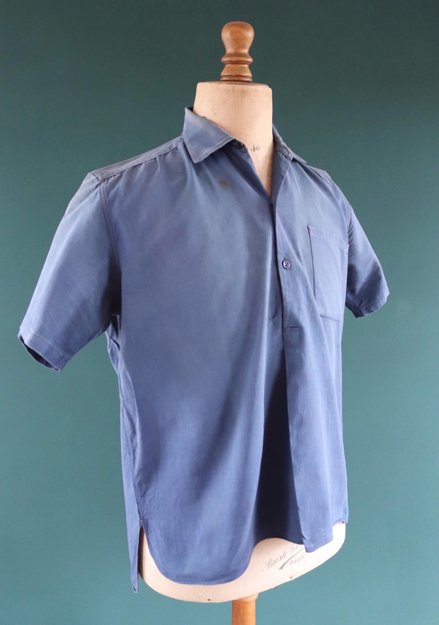 Vintage 1940s French workwear shirt - faded blue chambray cotton - darned and repaired - 48” chest