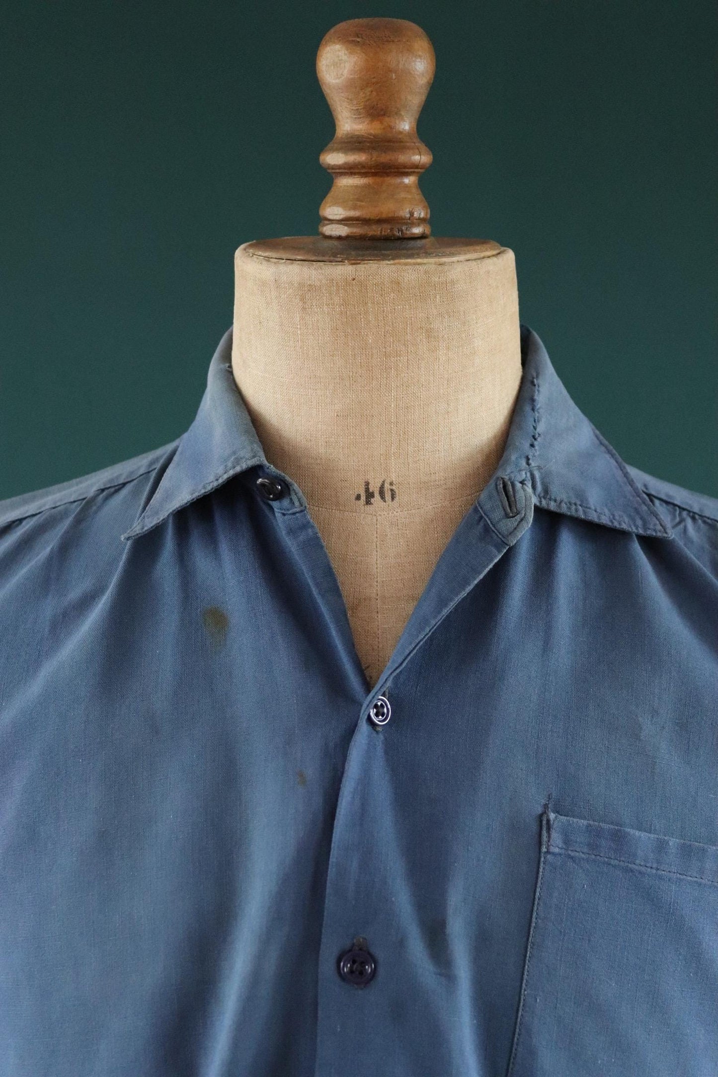 Vintage 1940s French workwear shirt - faded blue chambray cotton - darned and repaired - 48” chest