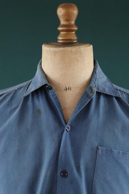 Vintage 1940s French workwear shirt - faded blue chambray cotton - darned and repaired - 48” chest
