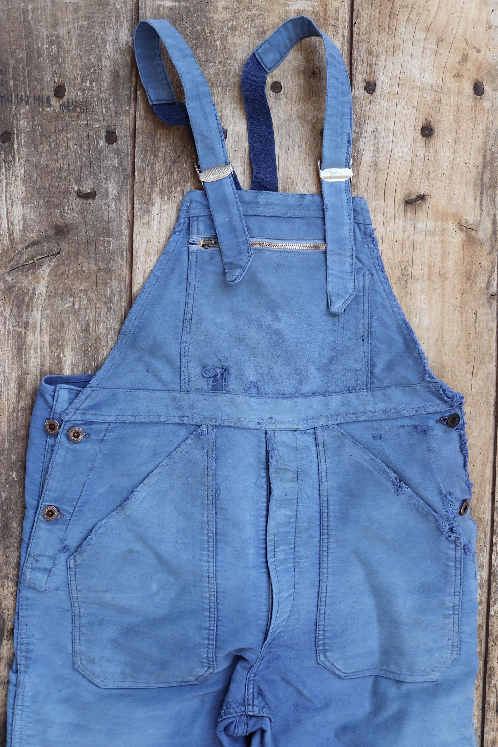 Vintage 1960s Le Mont St Michel overalls - French workwear dungarees - blue moleskin - 38” x 29”
