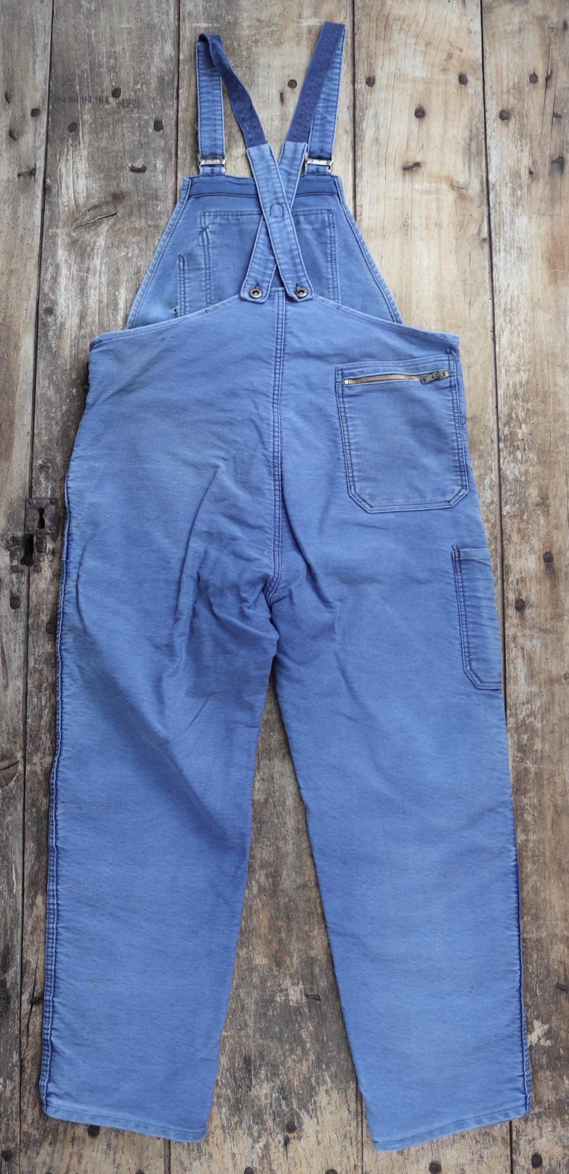 Vintage 1960s French blue moleskin dungarees - Le Mont St Michel overalls - workwear dungarees - 38” x 27”