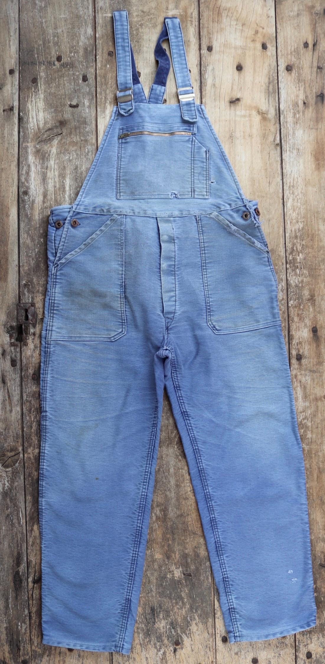 Vintage 1960s French blue moleskin dungarees - Le Mont St Michel overalls - workwear dungarees - 38” x 27”