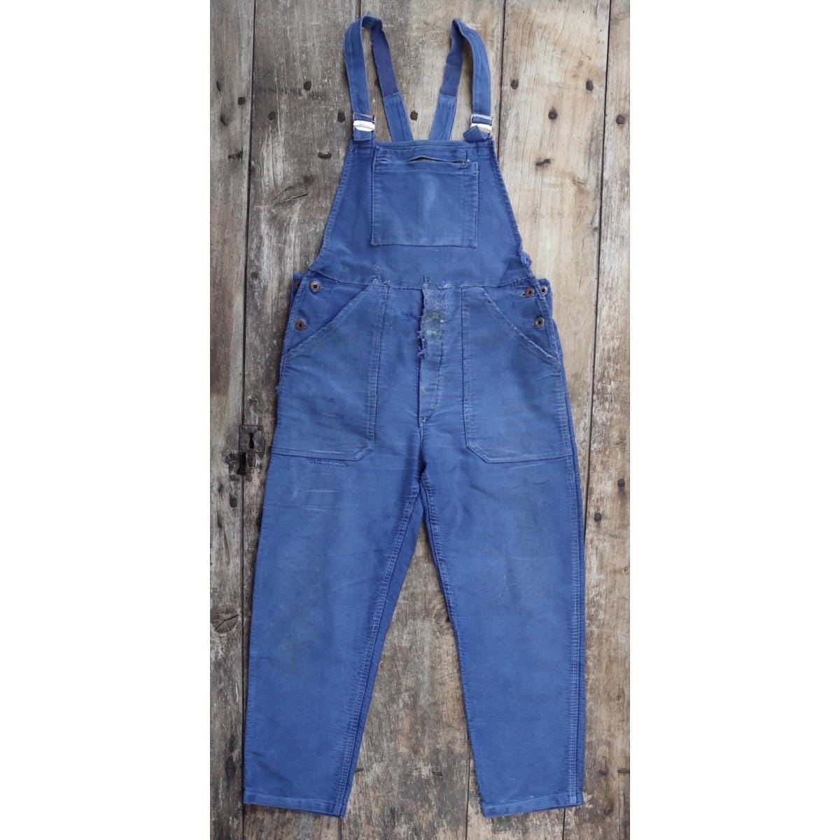 Vintage 1960s French blue moleskin overalls - workwear dungarees - 35” x 27”