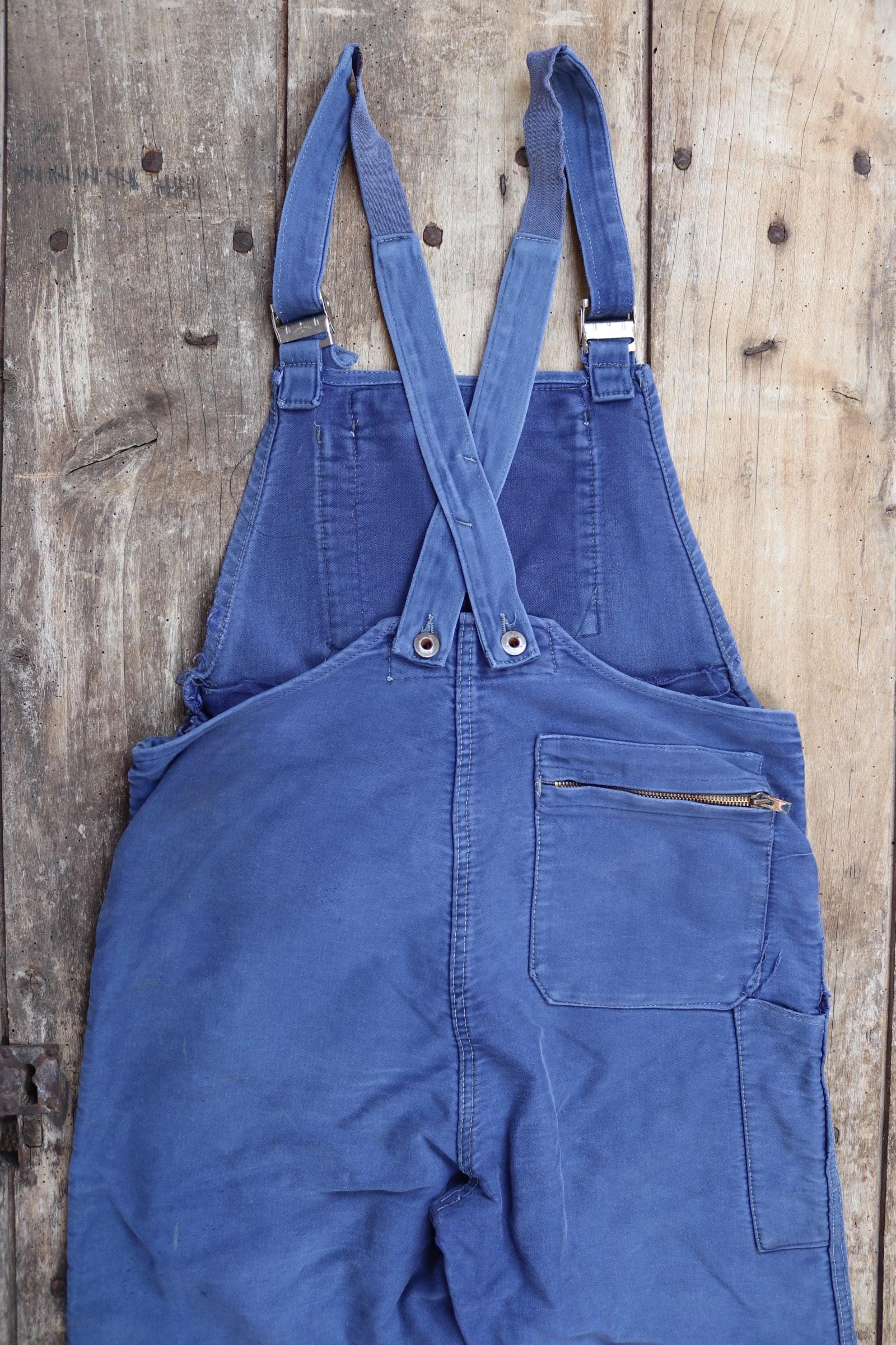 Vintage 1960s French blue moleskin overalls - workwear dungarees - 35” x 27”