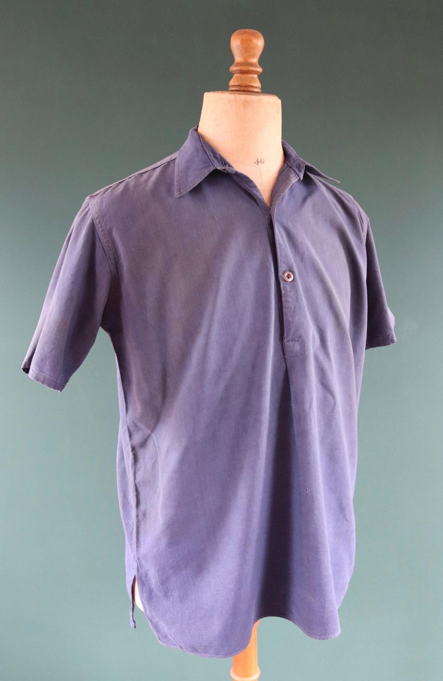 Vintage 1940s French workwear shirt - faded blue chambray cotton - darned and repaired - 46” chest