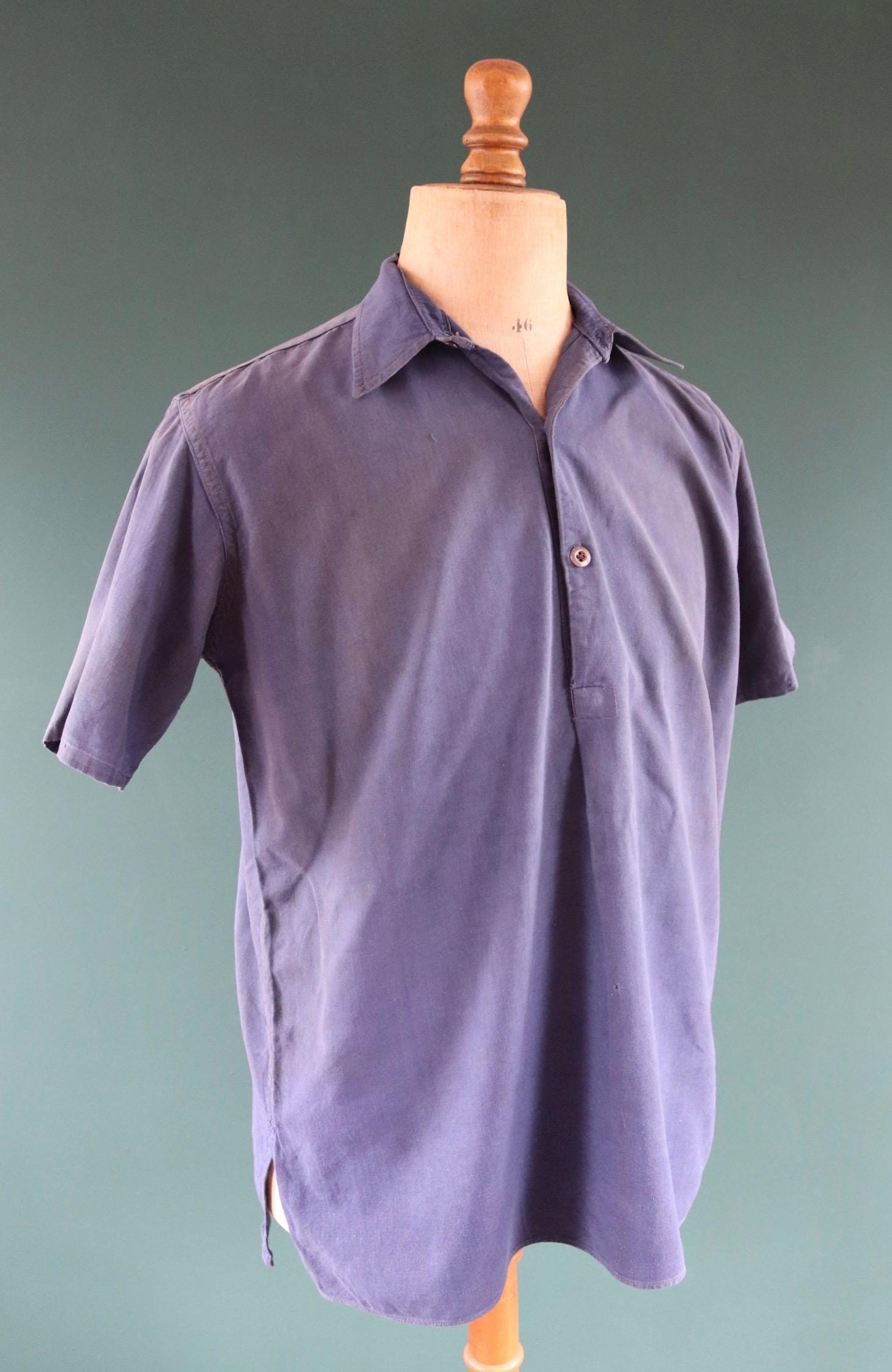 Vintage 1940s French workwear shirt - faded blue chambray cotton - darned and repaired - 46” chest