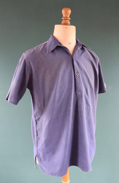 Vintage 1940s French workwear shirt - faded blue chambray cotton - darned and repaired - 46” chest