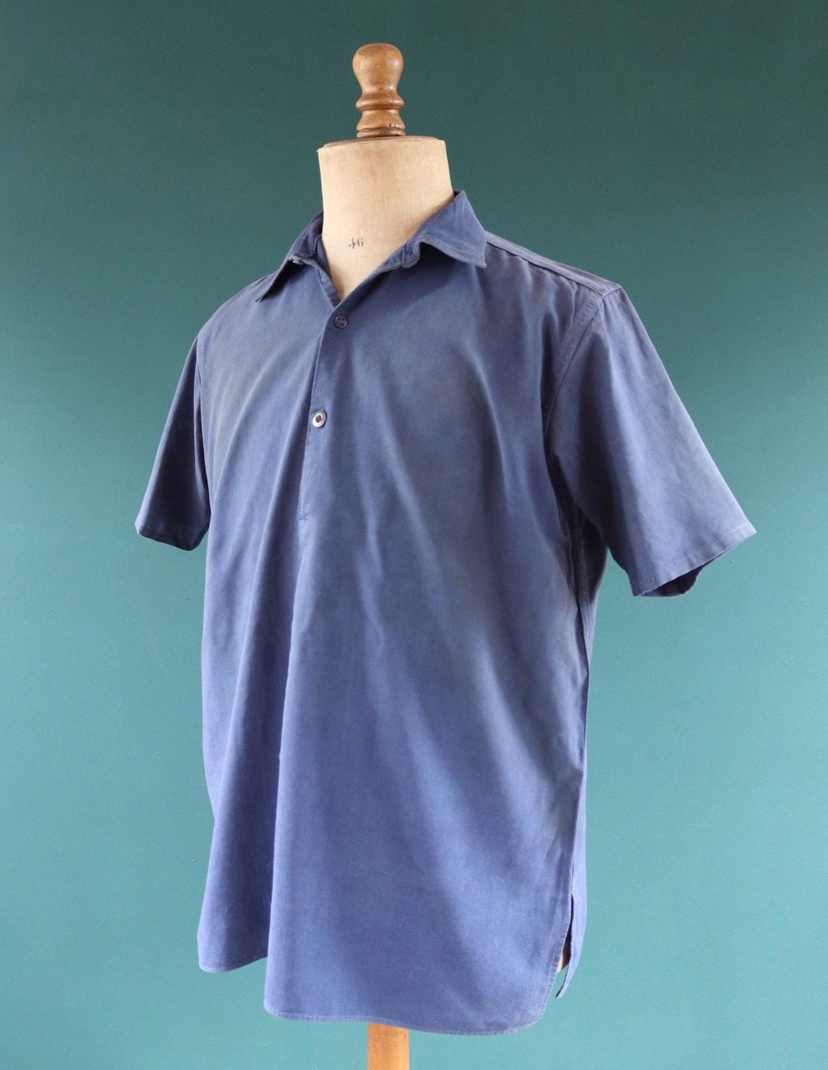 Vintage 1940s French workwear shirt - faded blue chambray cotton - darned and repaired - 46” chest