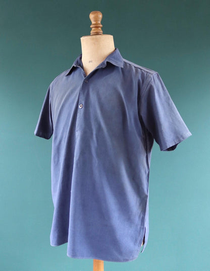 Vintage 1940s French workwear shirt - faded blue chambray cotton - darned and repaired - 46” chest