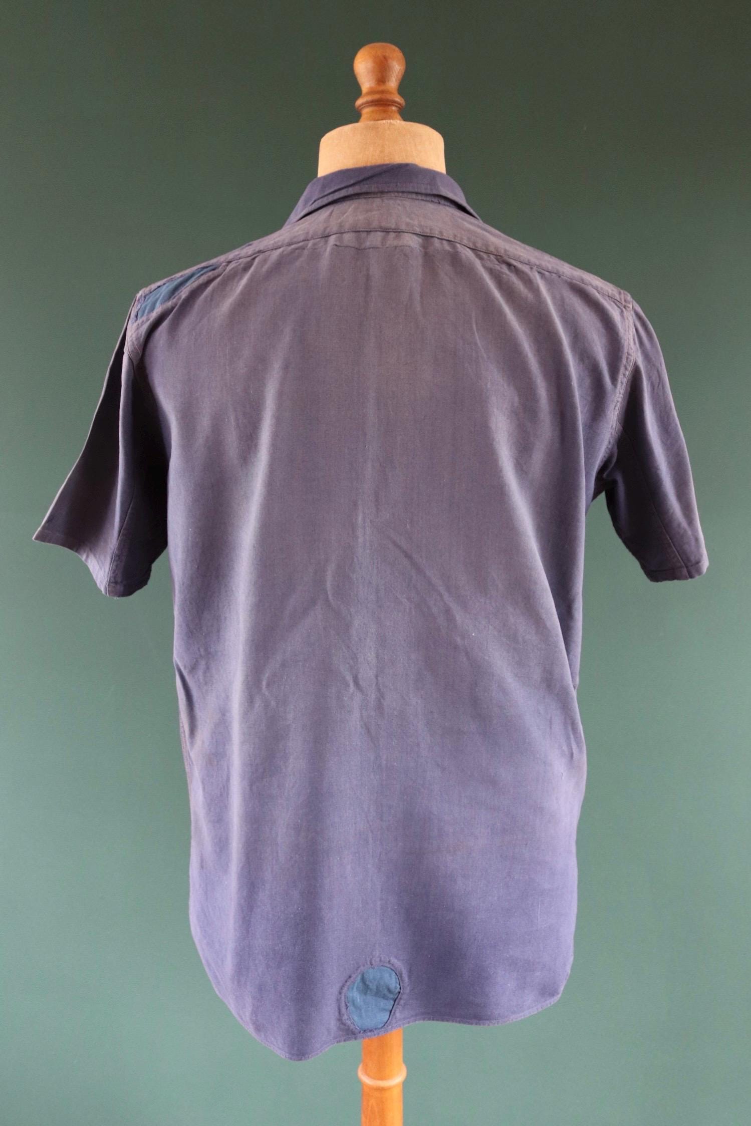 Vintage 1940s French workwear shirt - faded blue chambray cotton - darned and repaired - 46” chest