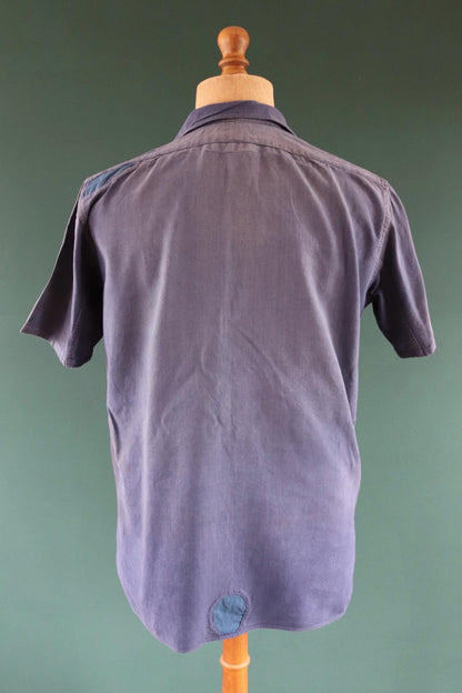 Vintage 1940s French workwear shirt - faded blue chambray cotton - darned and repaired - 46” chest