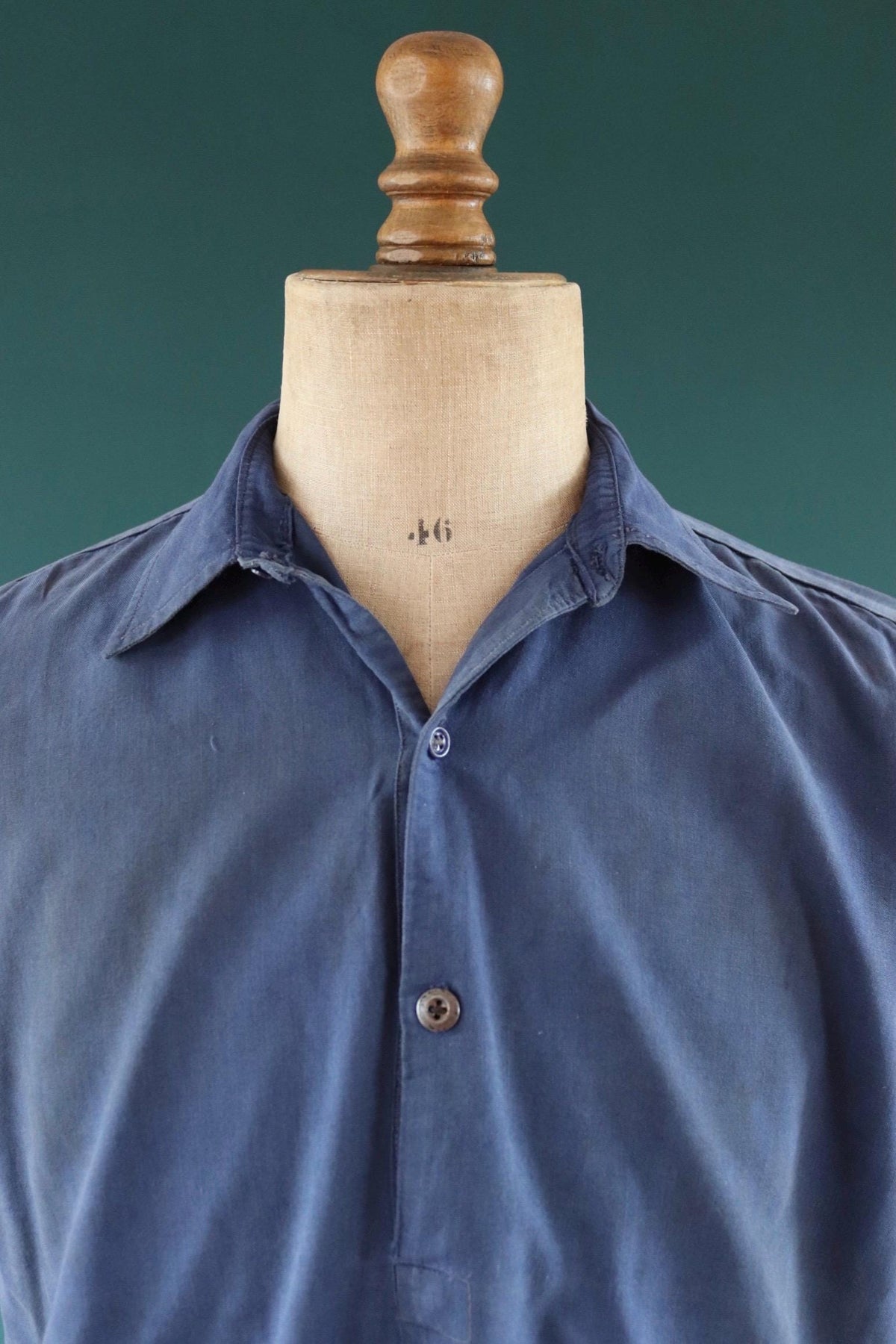 Vintage 1940s French workwear shirt - faded blue chambray cotton - darned and repaired - 46” chest
