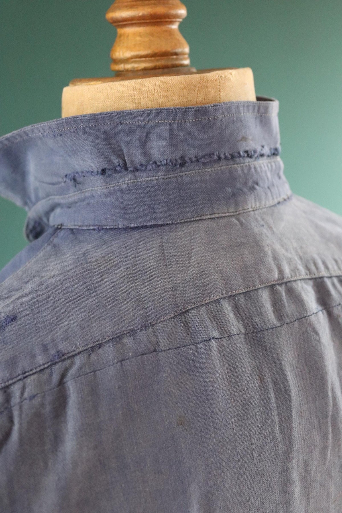 Vintage 1940s French workwear shirt - faded blue chambray cotton - darned and repaired - 46” chest