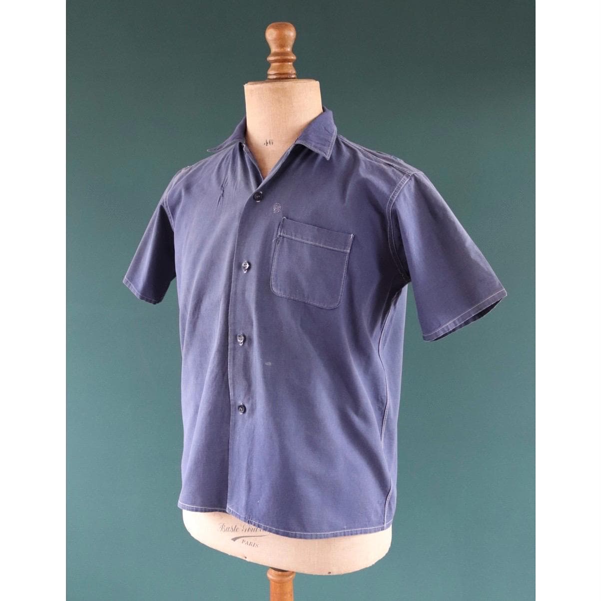 Vintage 1940s French workwear shirt - faded blue chambray cotton - darned and repaired - 43” chest